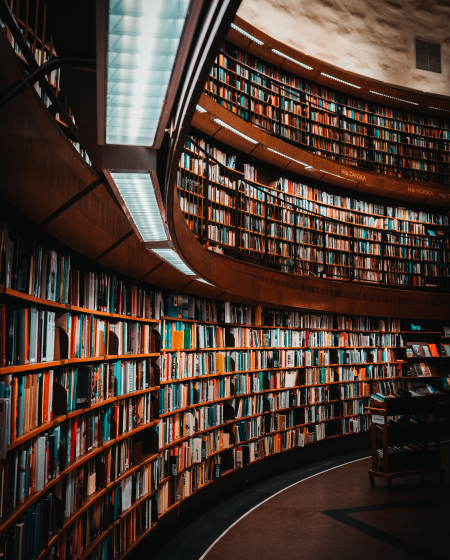 Rounded bookshelves in a library